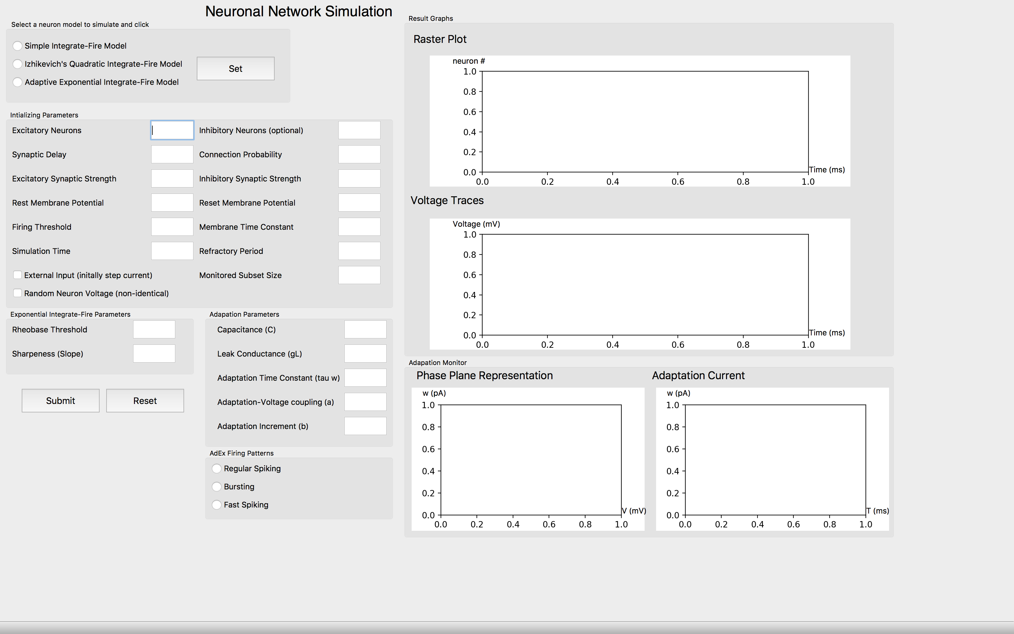 Figure 1: GUI Interface for Neuronal Network Simulator